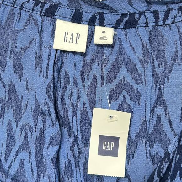 Gap Silky Split Neck Cinch Waist Dress NWT Women's Sz XL Blue Bohemian Ikat Chic - Picture 4 of 8